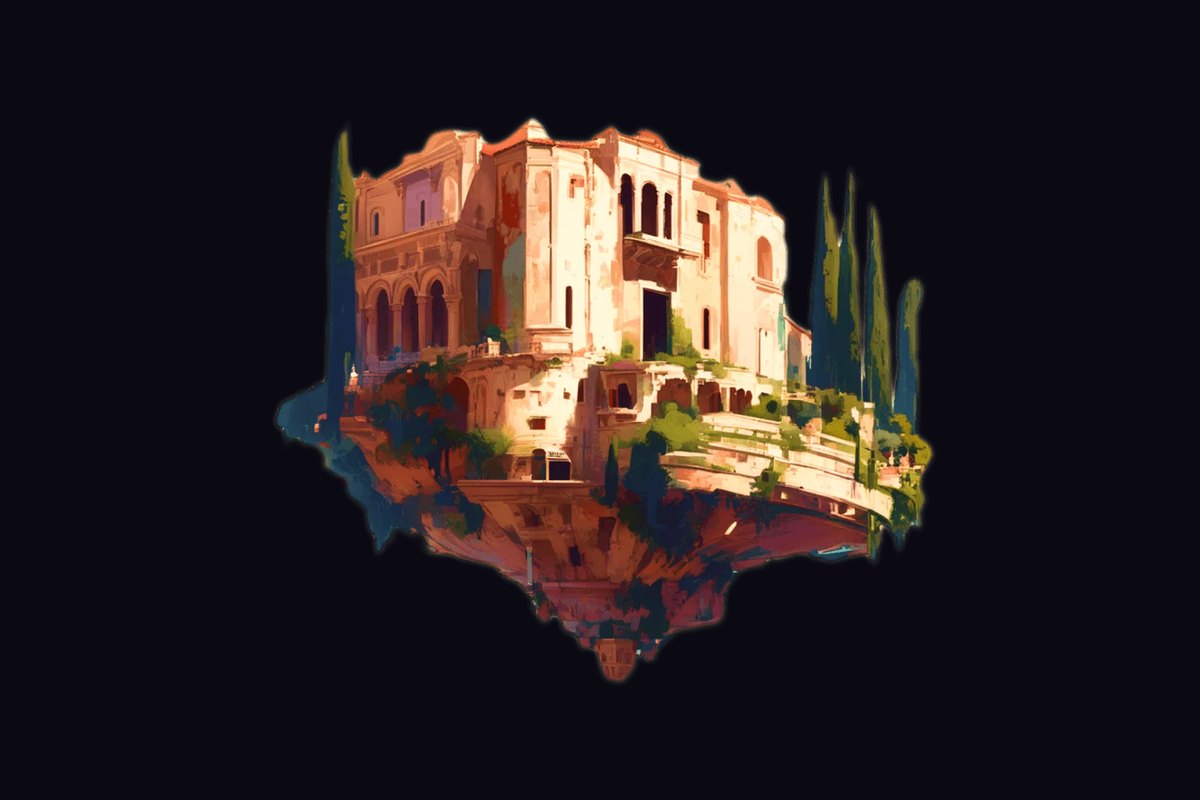 Floating island village of Edge Esmeralda glowing over the night sea