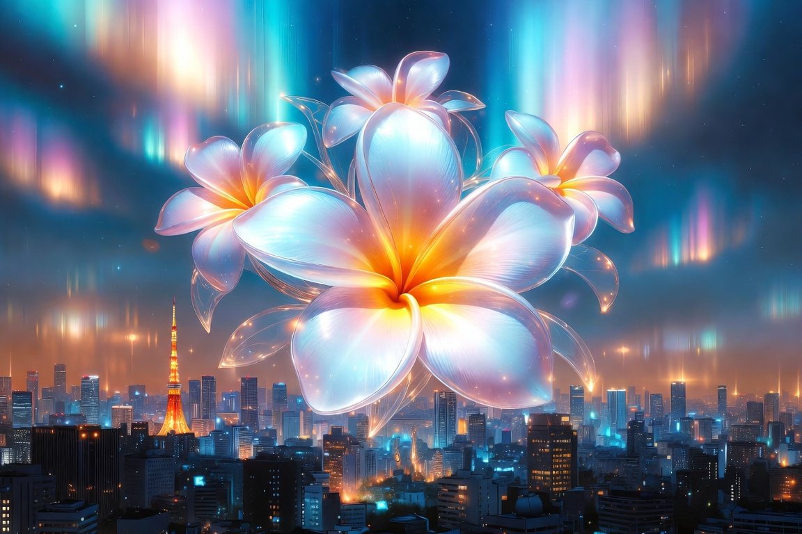 Plumeria constellation glowing over the Tokyo night skyline
