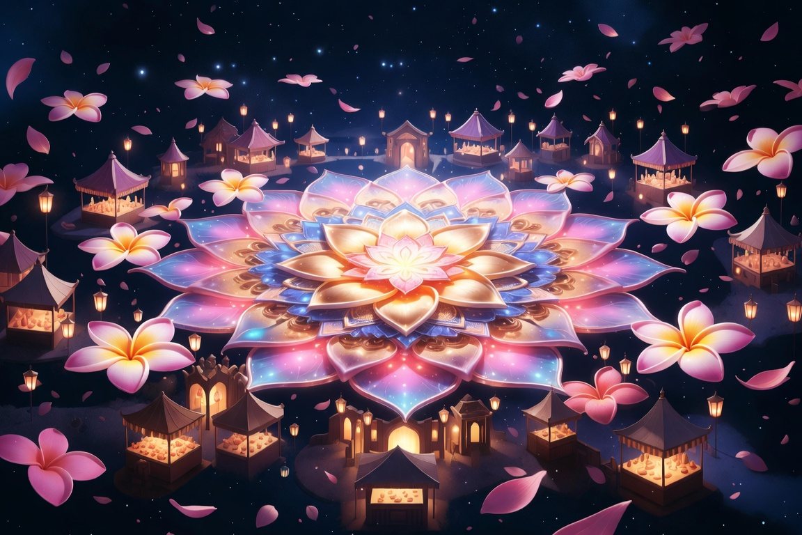Radiant flower mandala marketplace floating in the night sky
