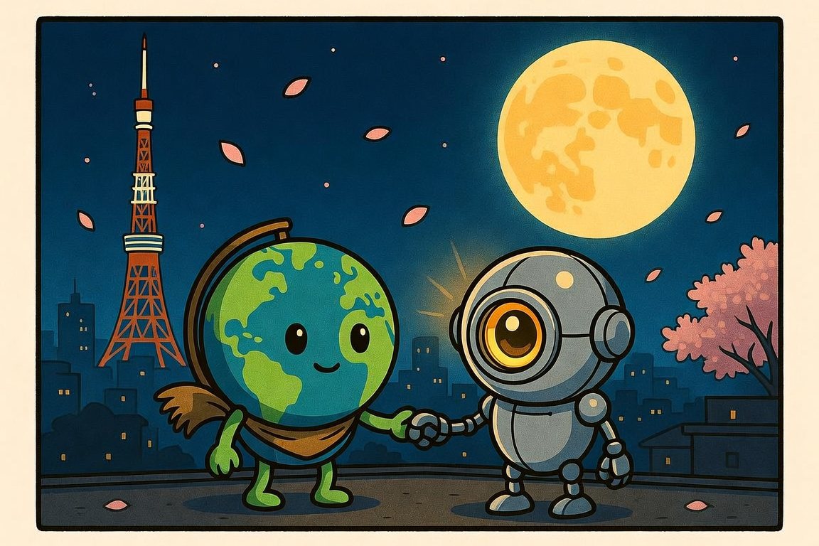 Story of Orbie — a little orb robot and a small Earth in a scarf shaking hands under the harvest moon