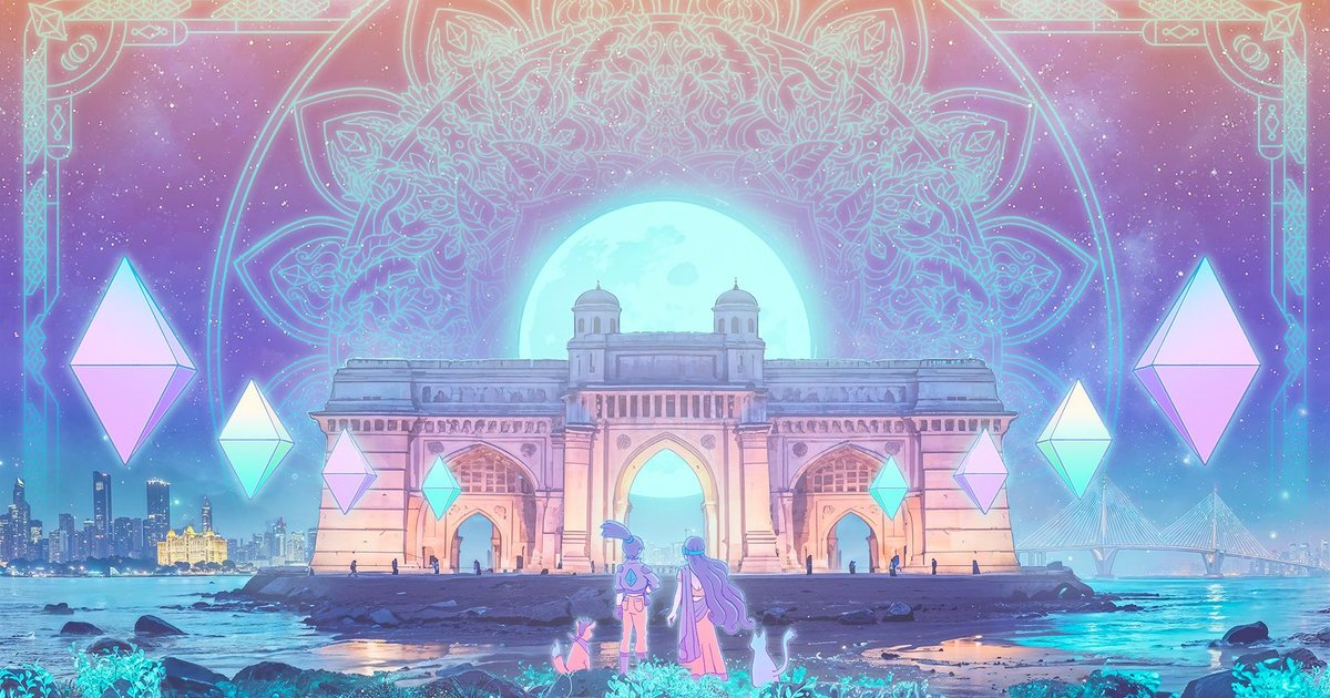 Gateway of India under the moon with Ethereum diamonds — Devcon 8 OSO art