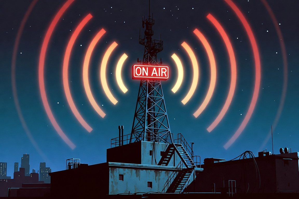 Live P.I.T. — broadcast tower glowing red ON AIR over Tokyo